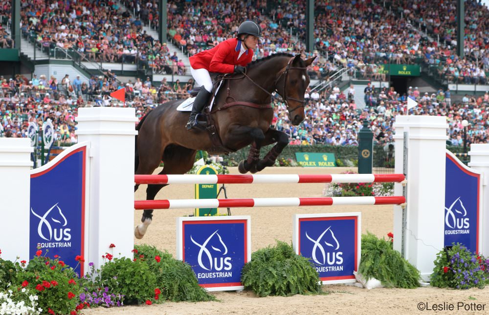 Hannah Sue Burnett and Under Suspection in the stadium jumping phase of the 2017 Rolex Kentucky Three-Day Event
