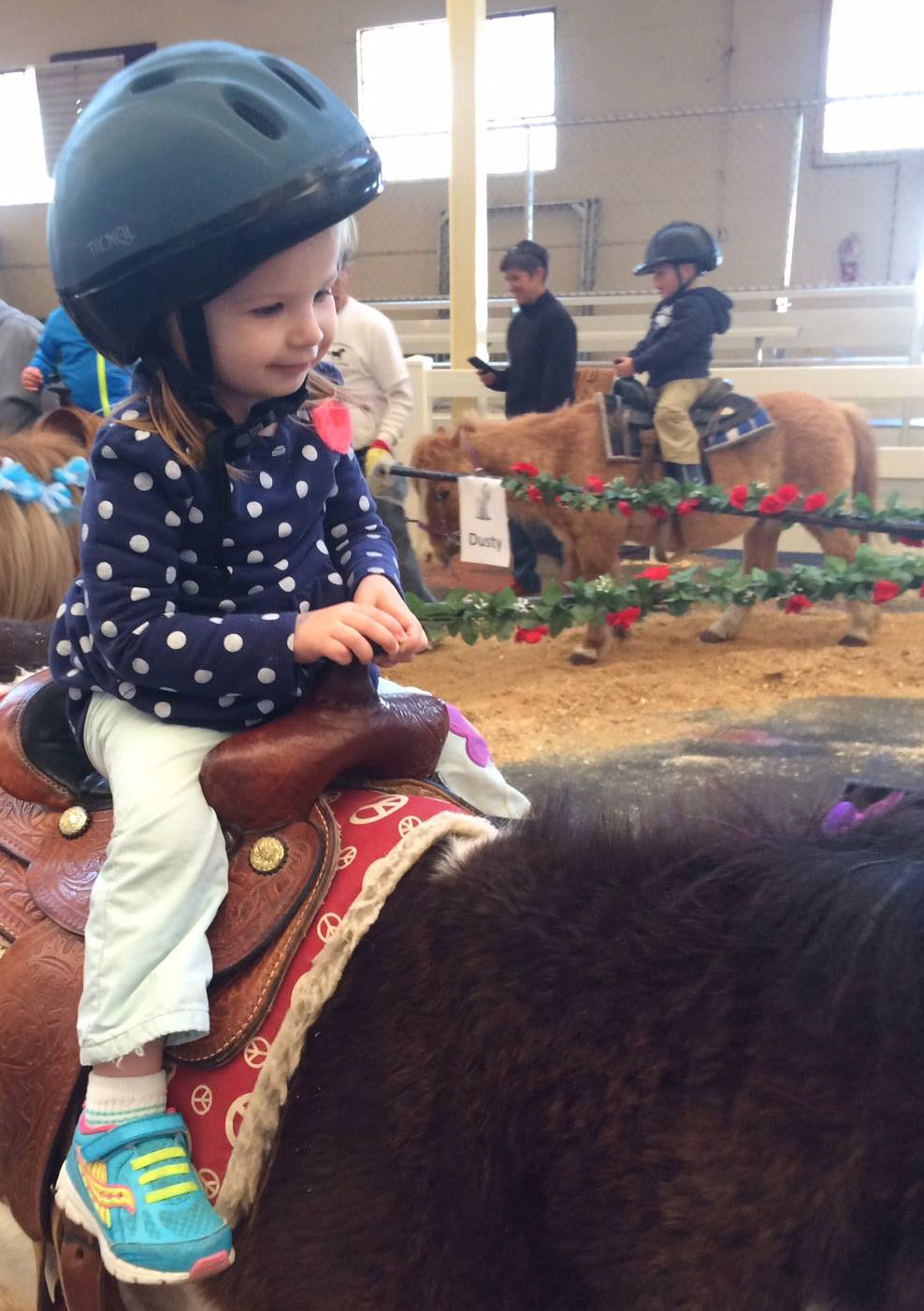 A young girl enjoying a pony ride, which can be a way to gain horse experience while saving money