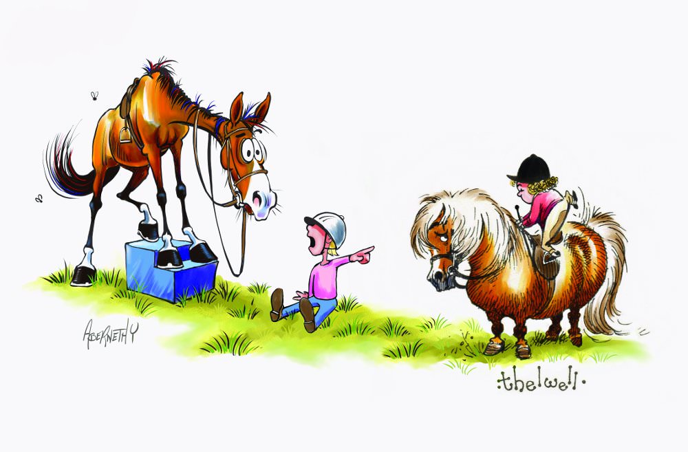 Cartoon of Jean Abernethy's Fergus the Horse with Thelwell's pony