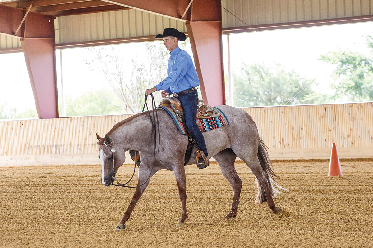 Bruce Vickery performs a western riding pattern on a red roan AQHA horse