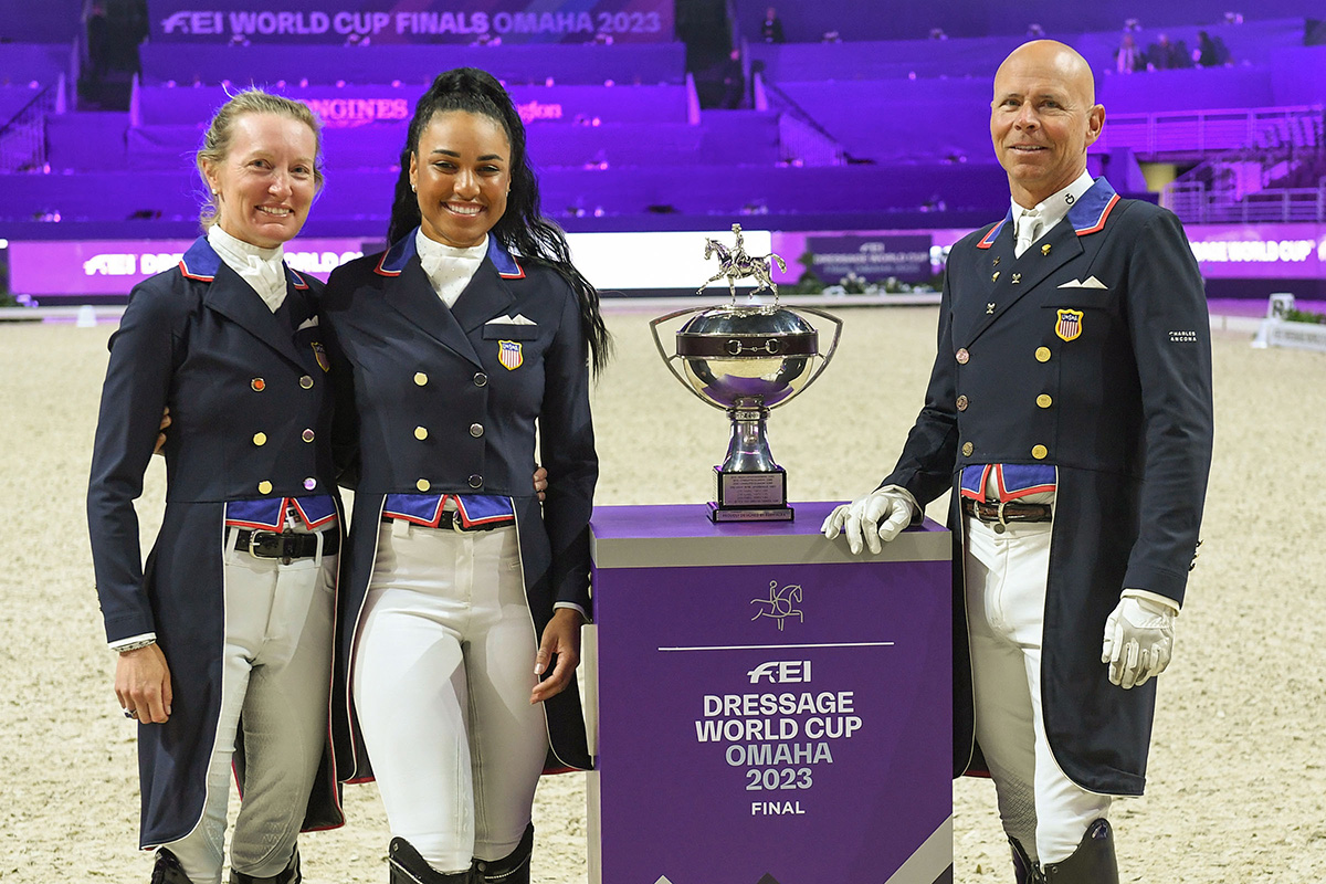 U.S. Dressage riders with the 2023 FEI World Cup Finals trophy