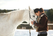 A woman hugging a gray gelding.