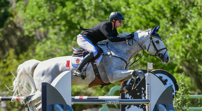 Winners of the 2024 Live Oak FEI World Cup Qualifier on March 17, Daniel Coyle (IRL) and Incredible.