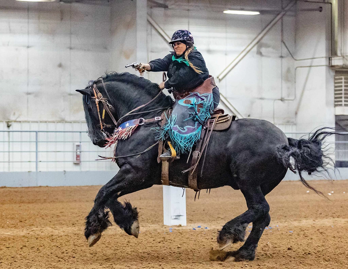 Carey Clausen and Patro’n competing in mounted shooting.