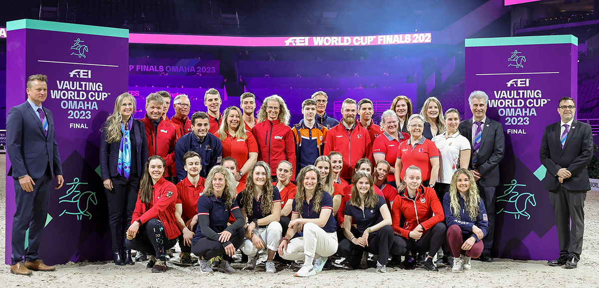 The group photo of all of the vaulters competing at the 2023 Omaha World Cup Finals on Day Two