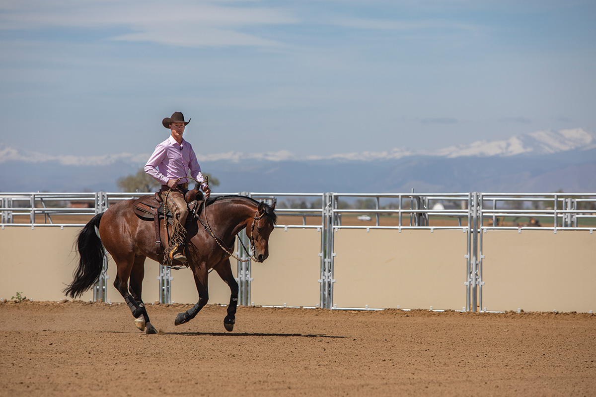 A trainer properly loping a horse to keep him from breaking gait