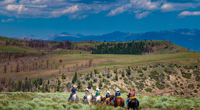 A group of horses and out for a ride at a Colorado guest ranch