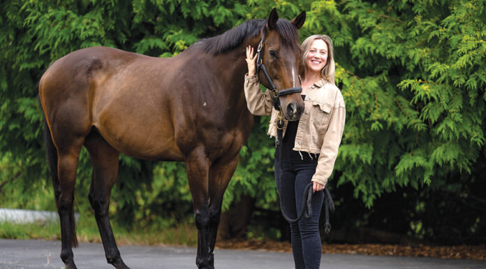 Leah Kaufmann, founder of equestrian brand Dapplebay, with her horse