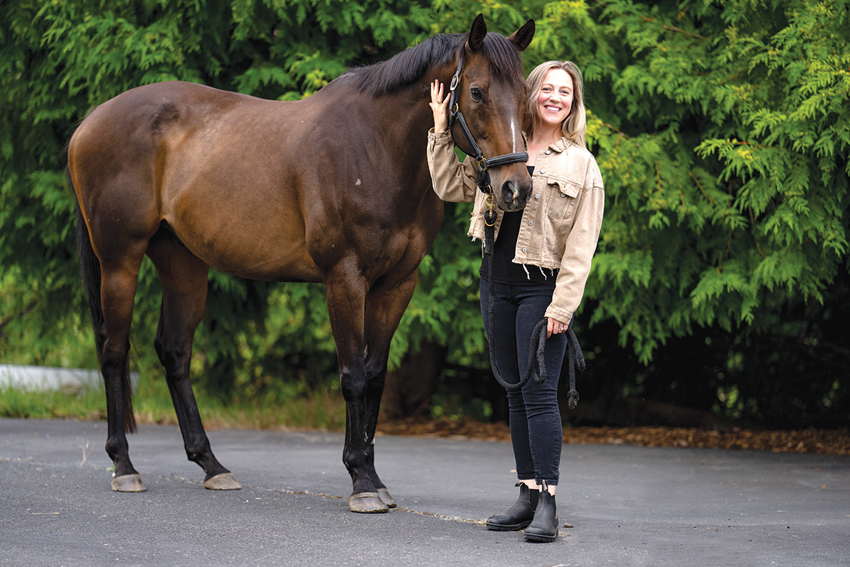 Leah Kaufmann, founder of equestrian brand Dapplebay, with her horse