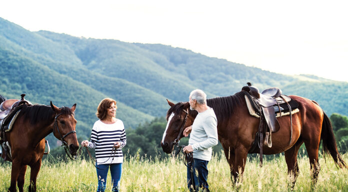 Senior riders taking a break from trail riding.