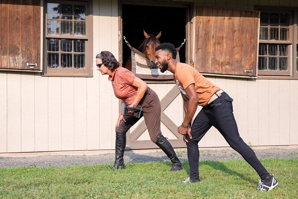 Bent-over dumbbell rows are a strength training exercise that help improve strength and endurance in the saddle for senior equestrians, as Ifa Simmonds and the model demonstrate.