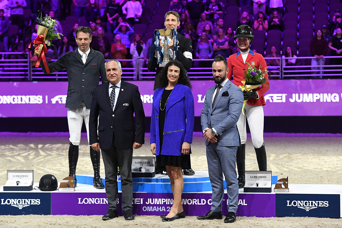 The awards podium for the 2023 Omaha FEI Longines World Cup Jumping Finals