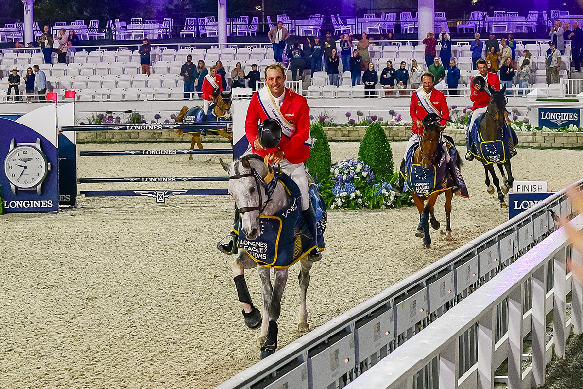 The German Team in the victory gallop after the 2026 Longines League of Nations™ Ocala competition: Richard Vogel; Christian Kukuk; Rene Dittmer, and Andre Thieme.