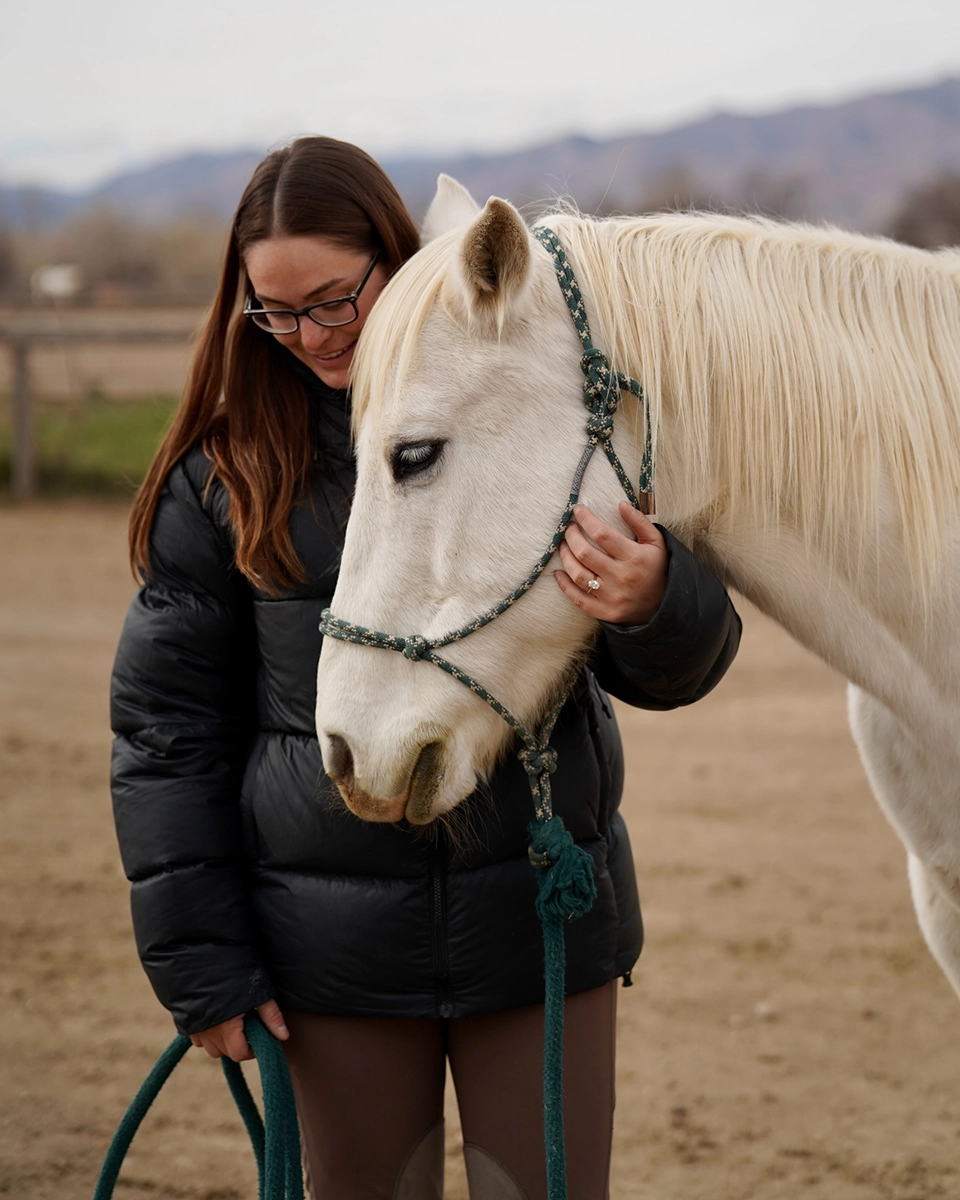 A gray mare with a volunteer.