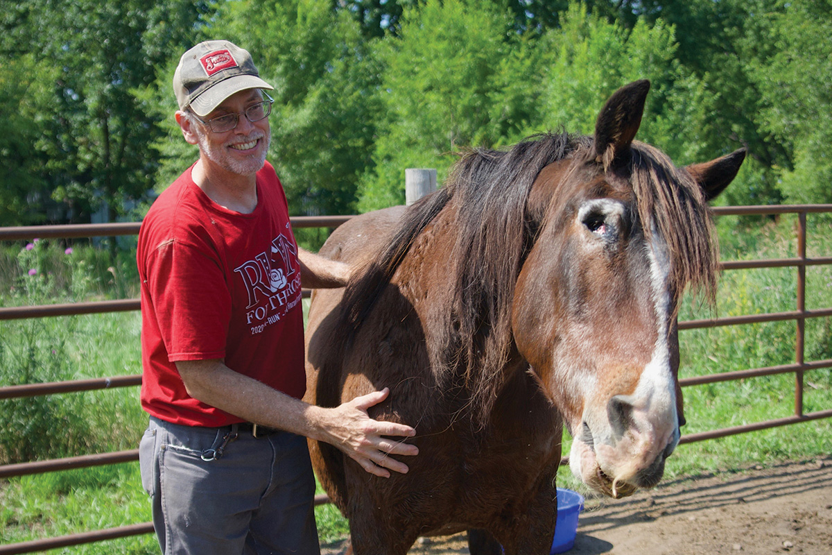 Gypsy was a hard-to-adopt horse because she is blind (shown missing eye), but was adopted by volunteer Patrick (petting her and smiling here)