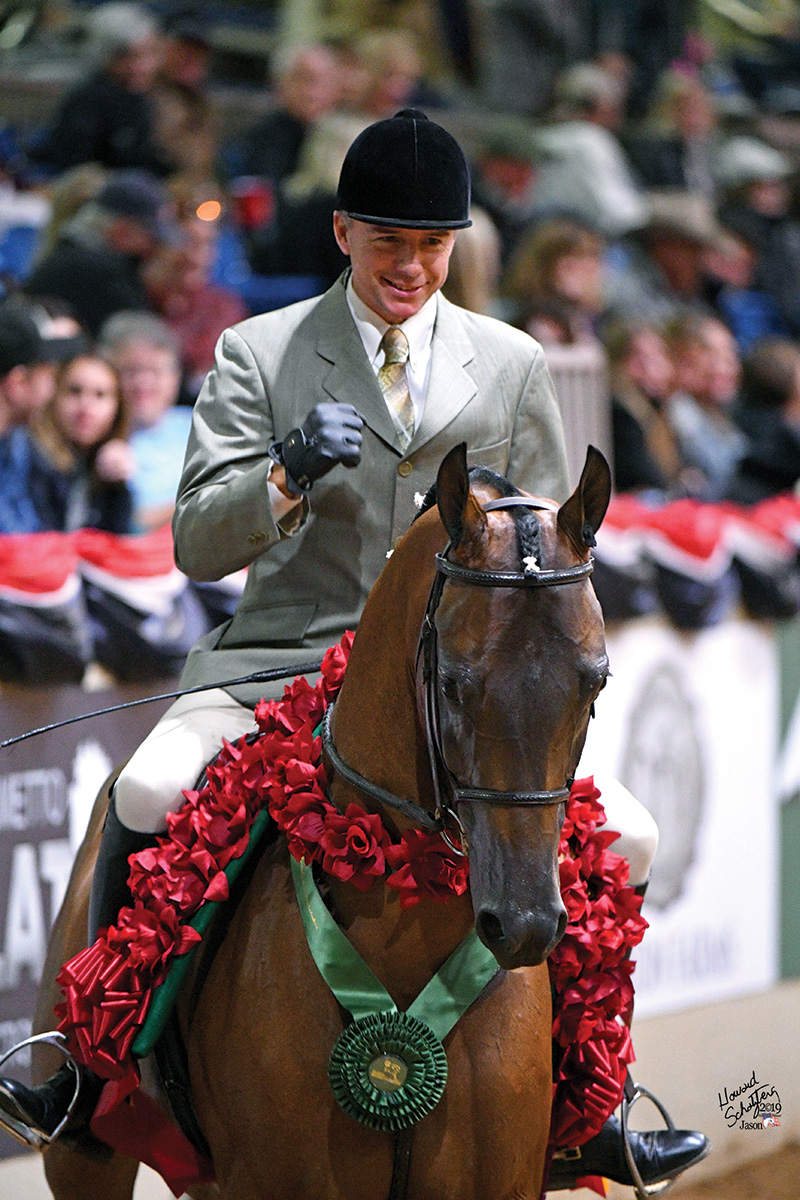 An Arabian horse makes a victory lap with a garland of roses