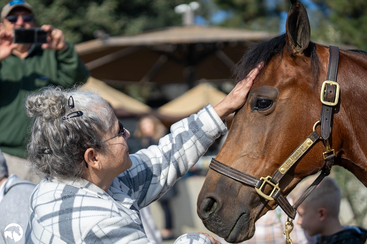 A woman petting a horse.