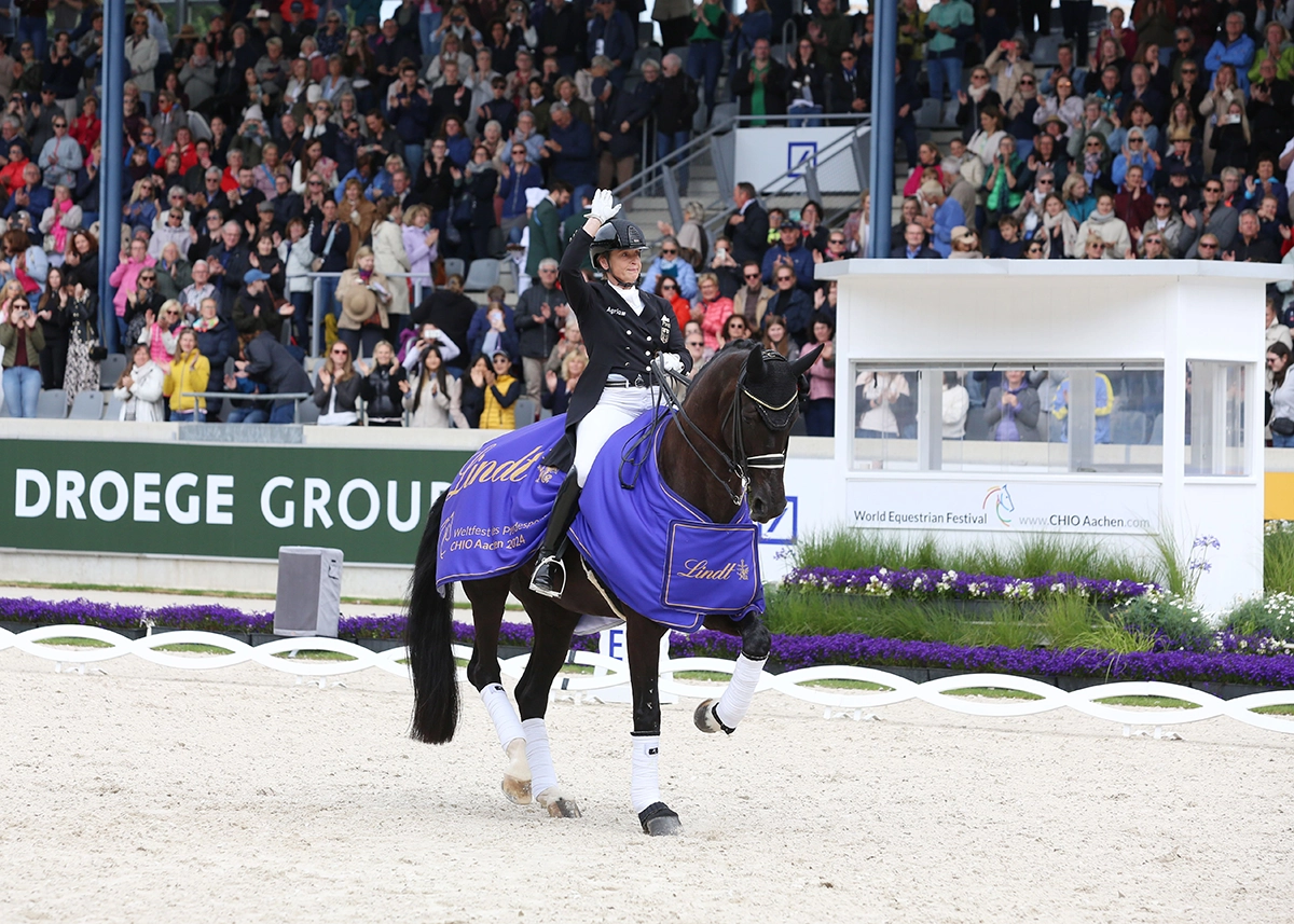Isabell Werth salutes the crowd at the CHIO Aachen.