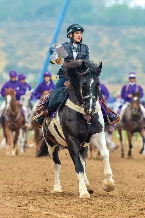 Catching up with the field on a black-and-white pinto.