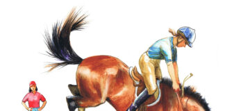 Illustration of an equestrian riding a buck.