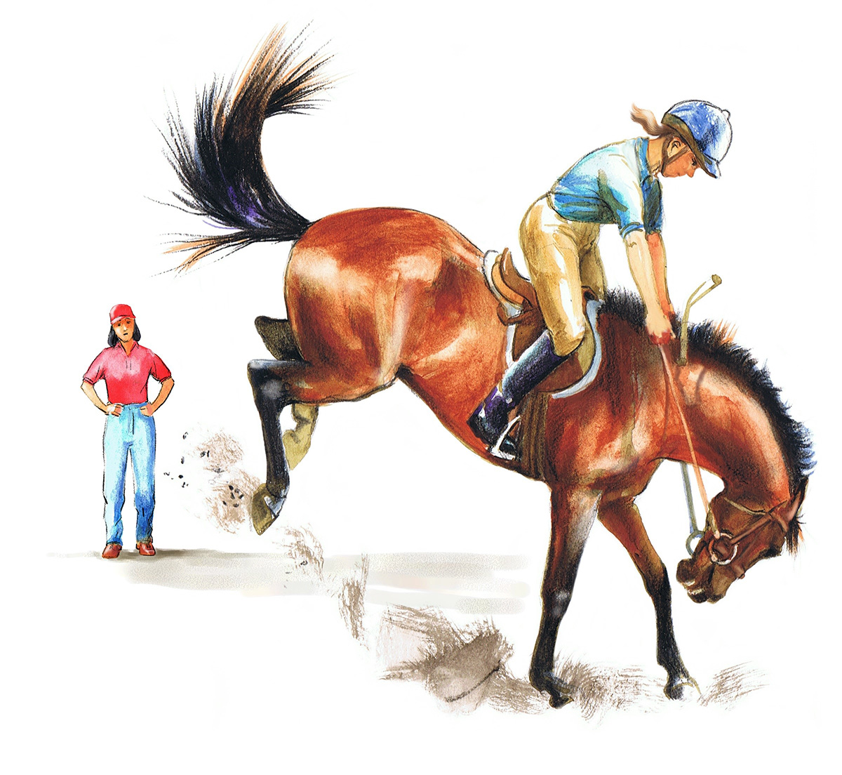 Illustration of an equestrian riding a buck.