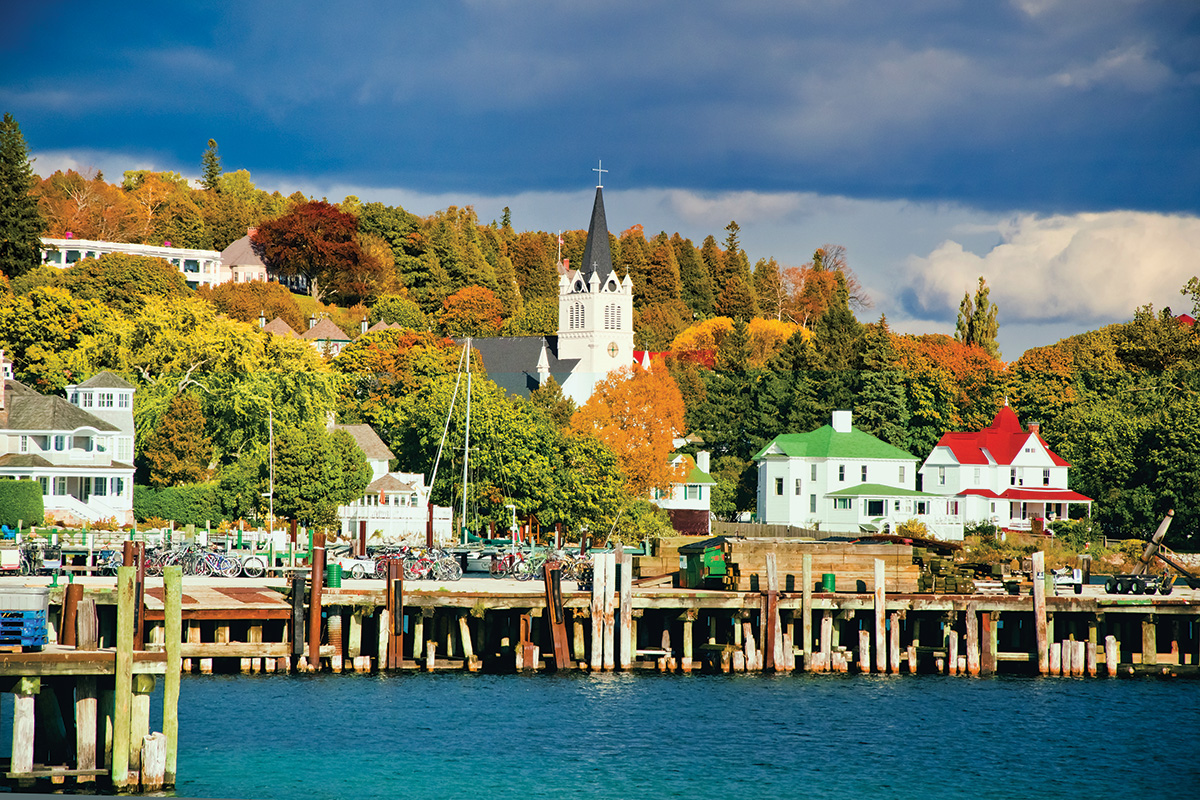 Fall foliage along the water in Michigan