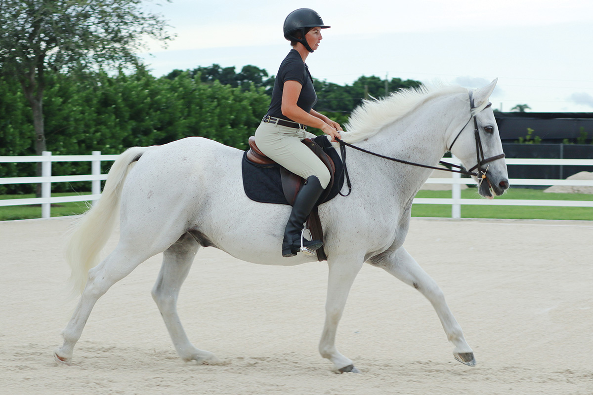 A rider canters her horse