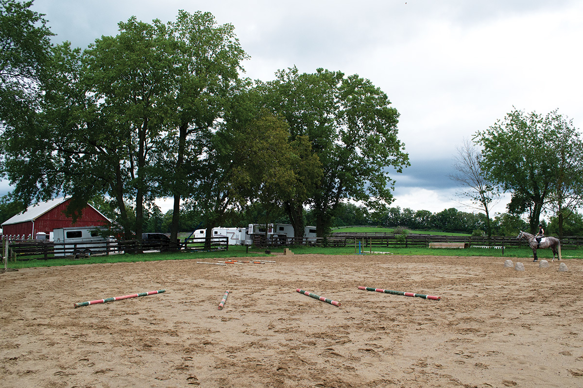 An outdoor arena with obstacles set up