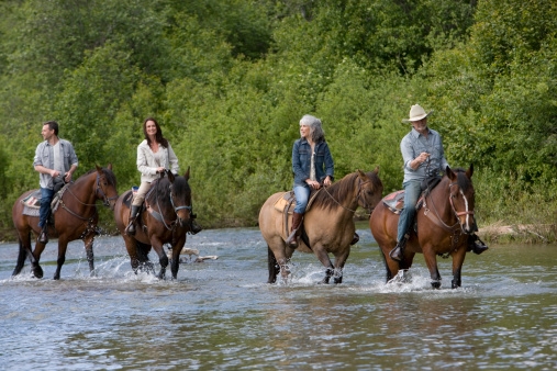 Group trail riding through water