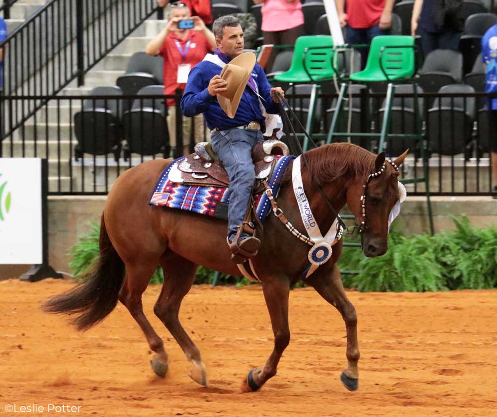 Reiner Daniel Huss on Quarter Horse mare Ms. Dreamy taking a victory lap at the FEI World Equestrian Games Tryon 2018