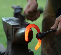 Farrier shaping a hot horse shoe on an anvil