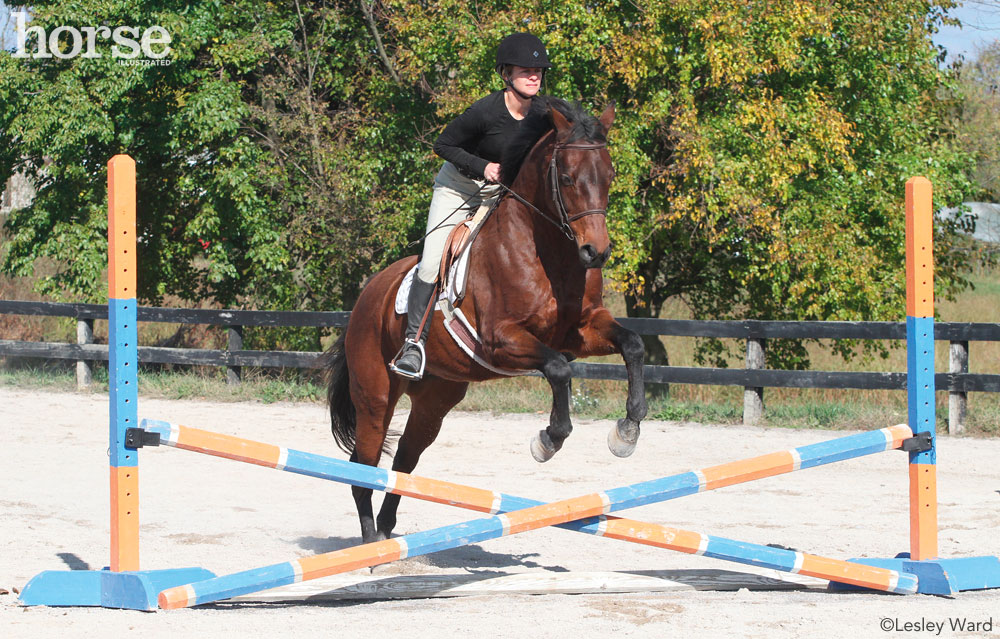 Horse and rider jumping over a crossrail