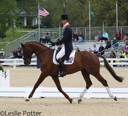 riding a horse in dressage event.
