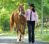 woman walking horse