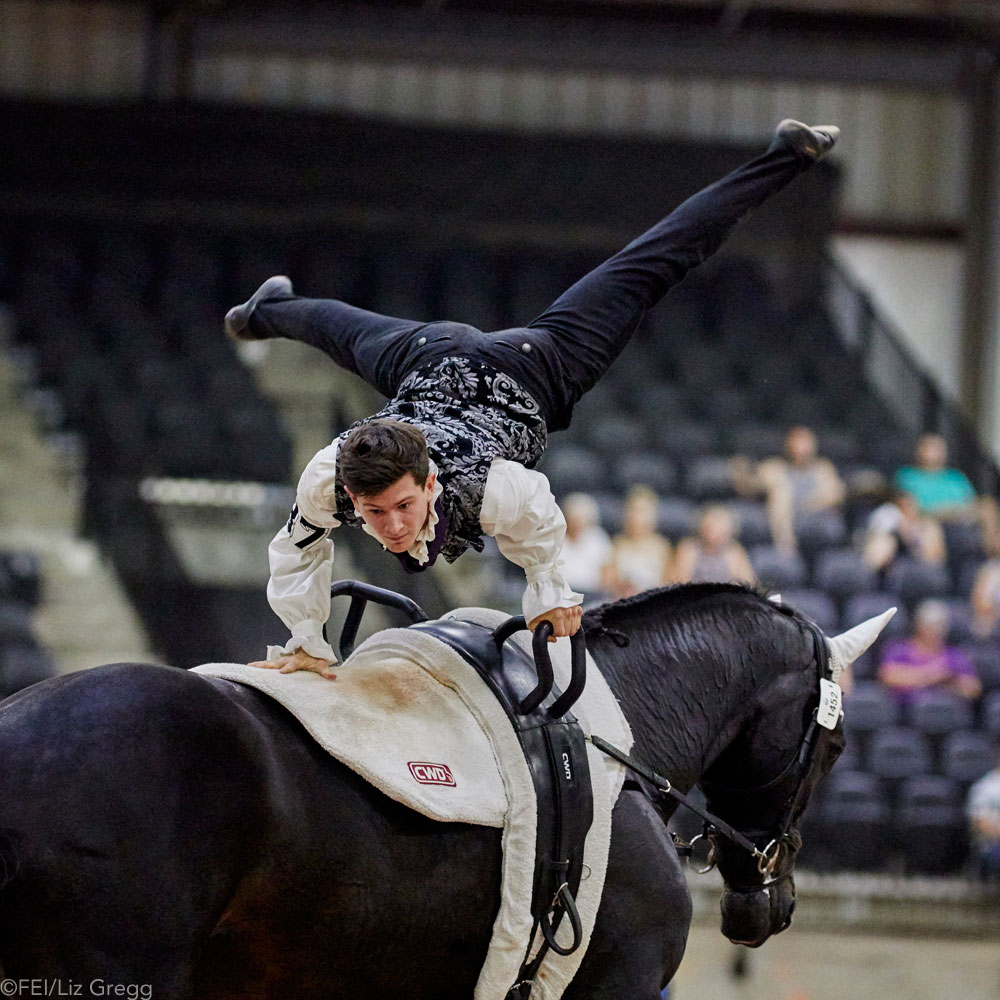 Lambert Leclezio of France in the individual vaulting male freestyle.