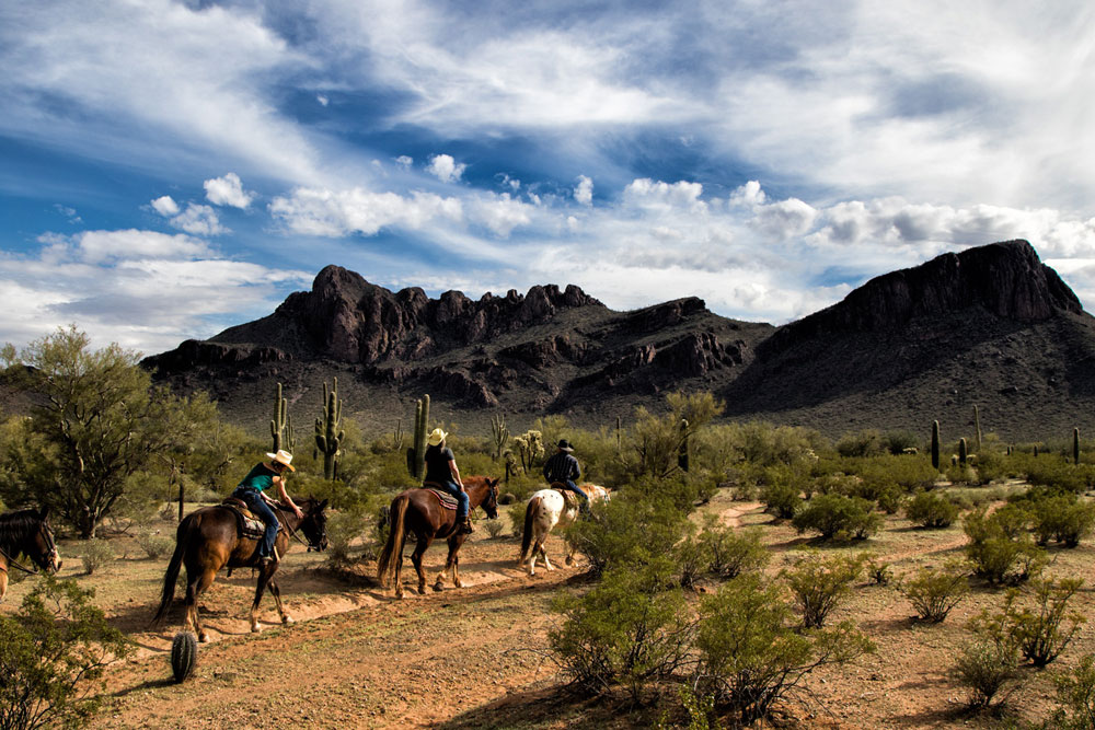 Três pares cavalo-e-cavaleiro em uma trilha no Arizona desenfreado