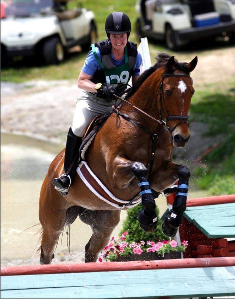 Tucker, a bay Thoroughbred, jumping over a cross-country jump