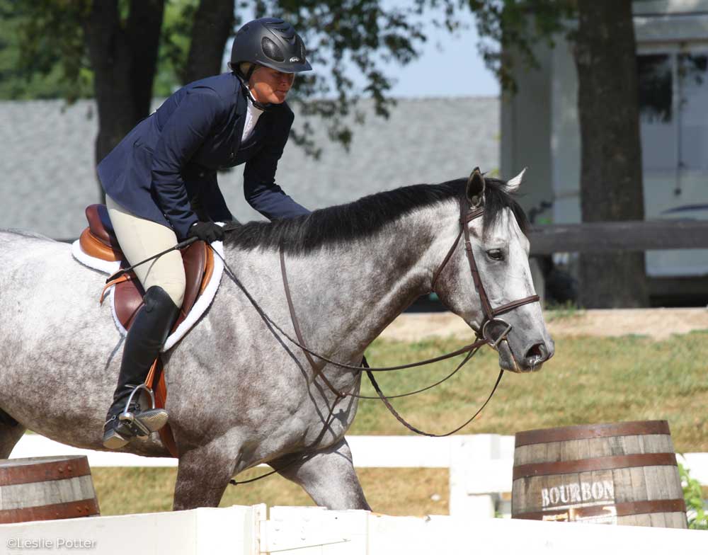 Rider patting a horse after a round at a horse show.