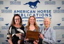 Horse Illustrated Editor in Chief Holly Caccamise (center) accepts an award from Barrie Reightler, AHP President