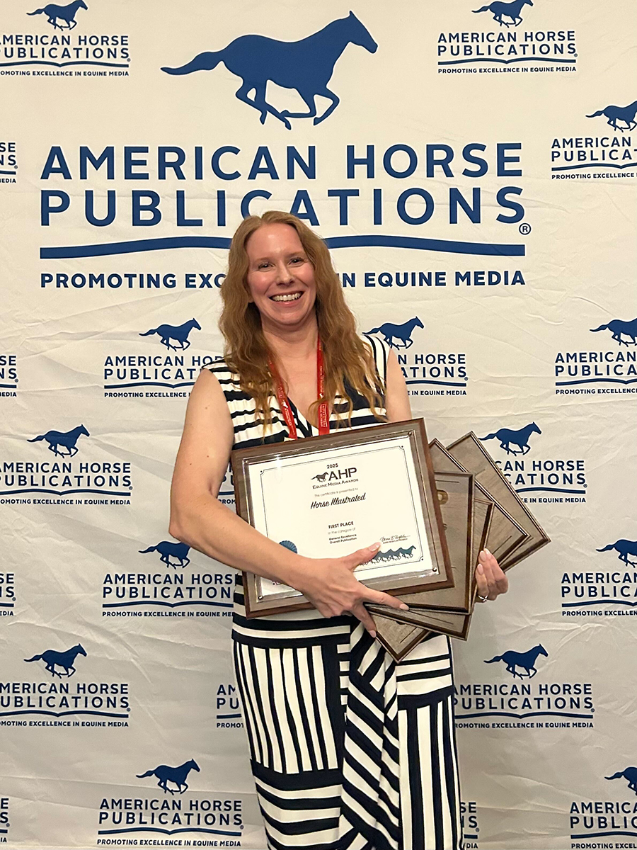 Horse Illustrated Editor in Chief Holly Caccamise with Horse Illustrated's 2026 AHP Equine Media Awards haul.