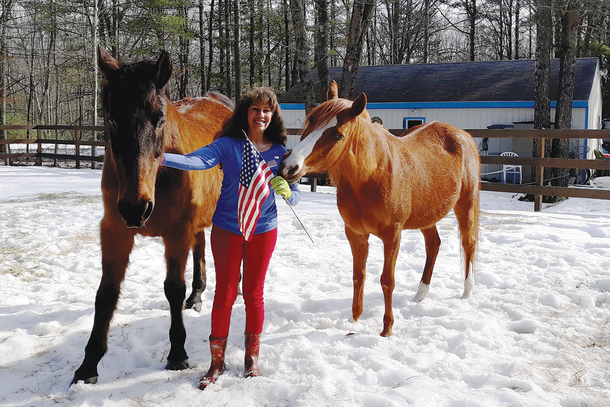 A woman with two senior horses in the snow