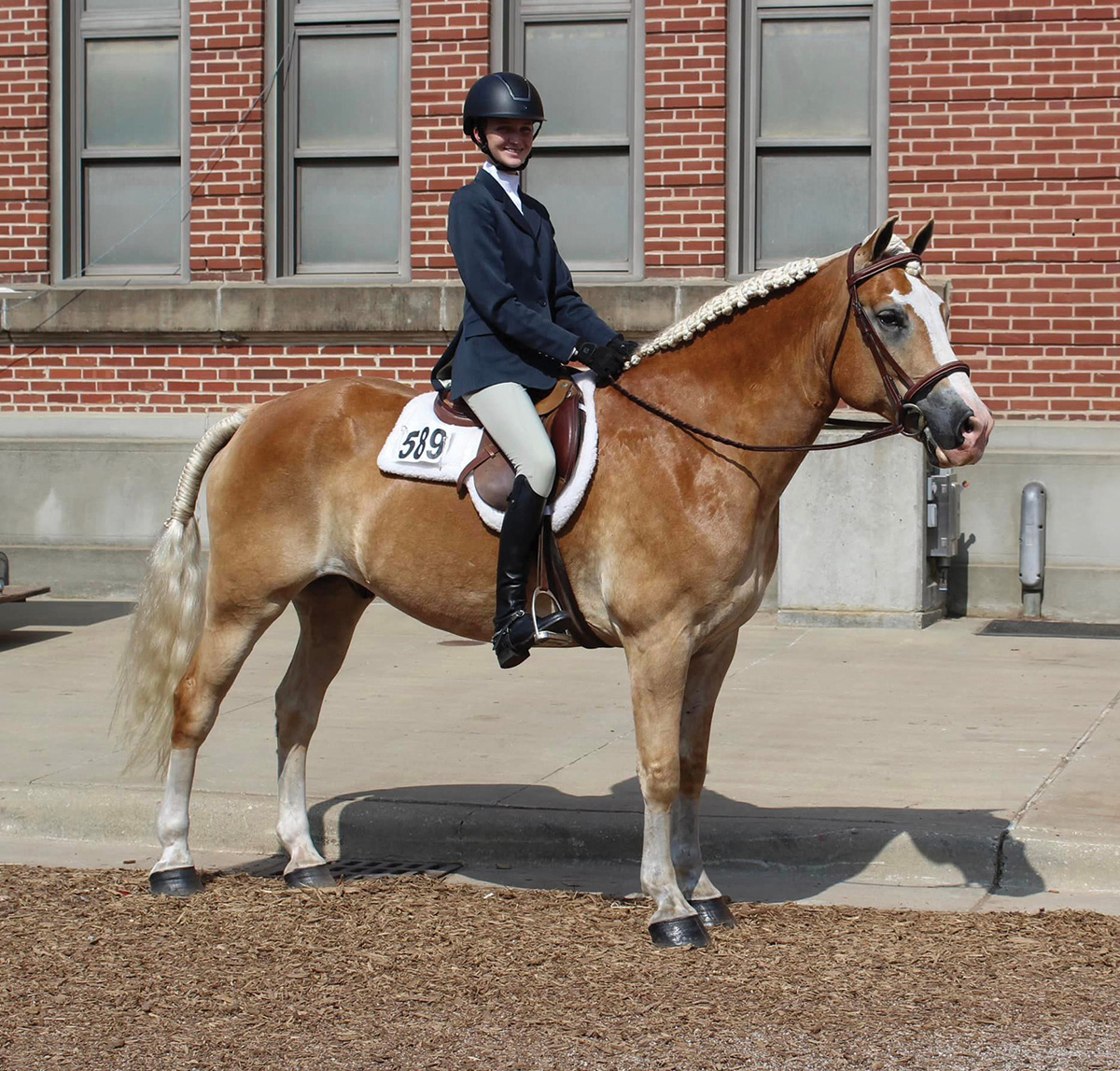 Talayna riding Rollie at a show.