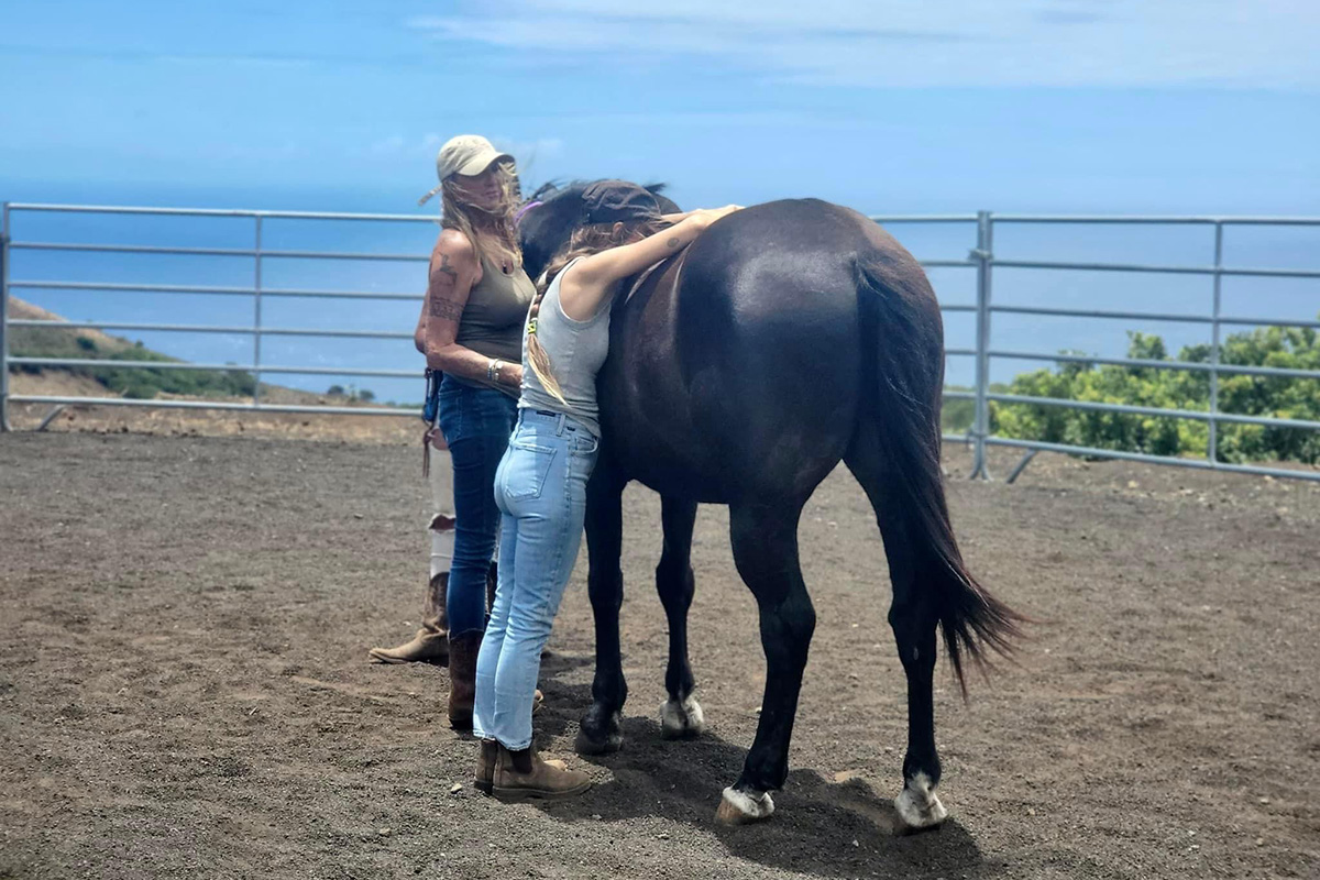 A victim of the Maui wildfires participating in equine assisted therapy at Spirit Horse Ranch