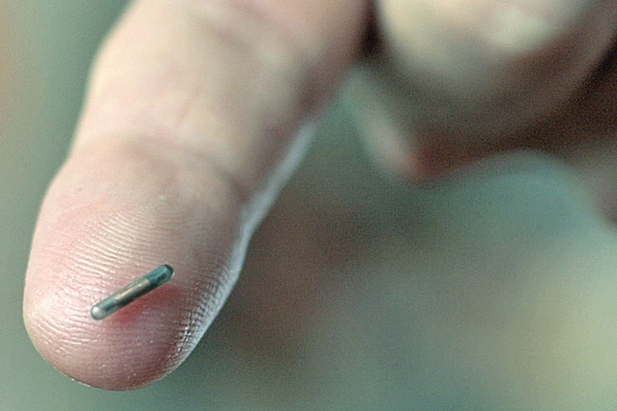 A microchip on a finger depicting the tiny size of the microchip, which is the size of a grain of rice