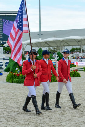 Three of the four members of the US Team in the athlete’s parade for the Longines League of Nations Ocala