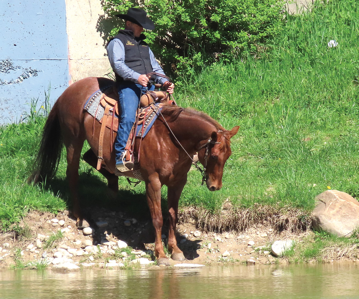 A cowboy rides his horse into a river