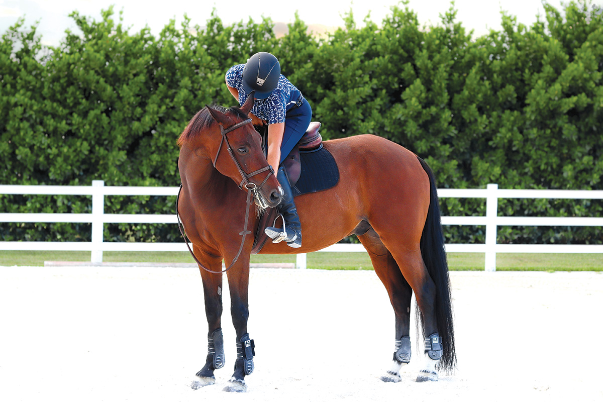 A rider performs mounted stretches as a targeted warmup with her horse during a training session