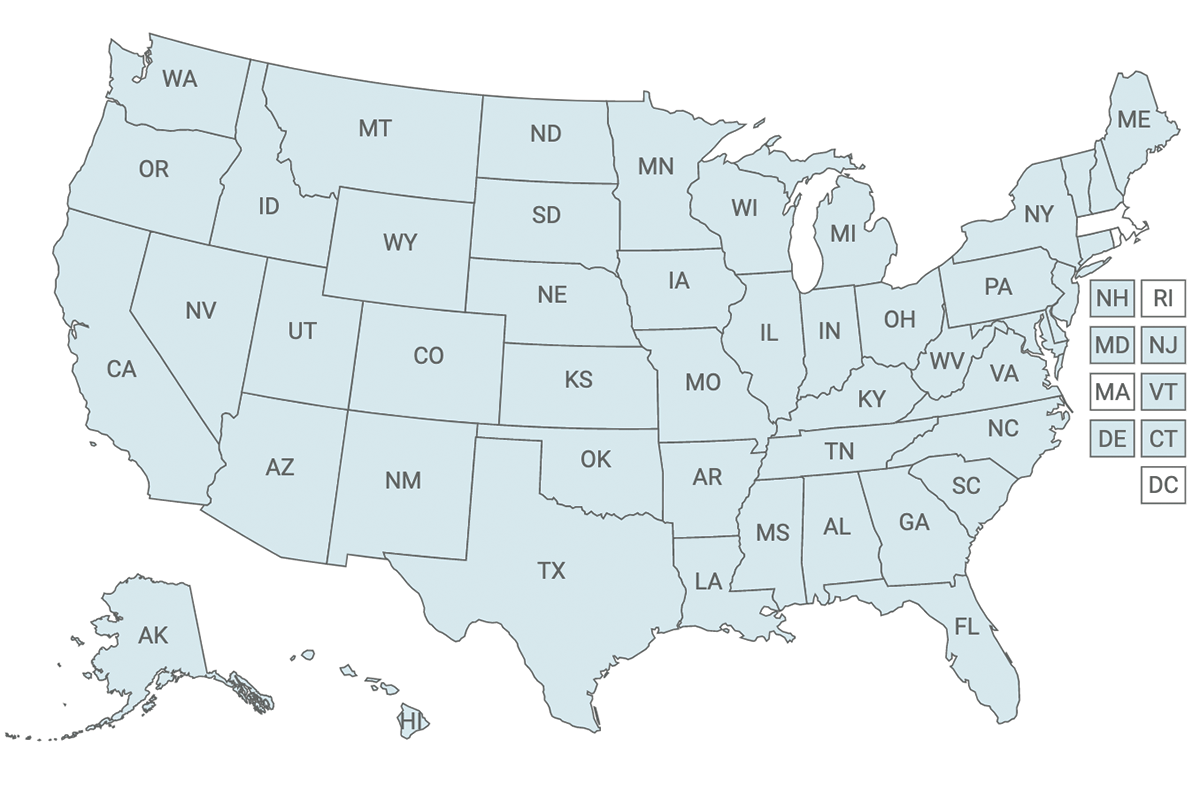 A map that shows the states with at least one area with a rural vet shortage