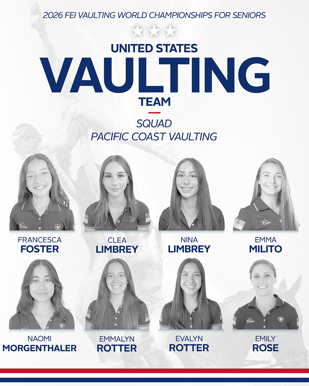 The U.S. Vaulting squad for the FEI World Championships Aachen 2026.