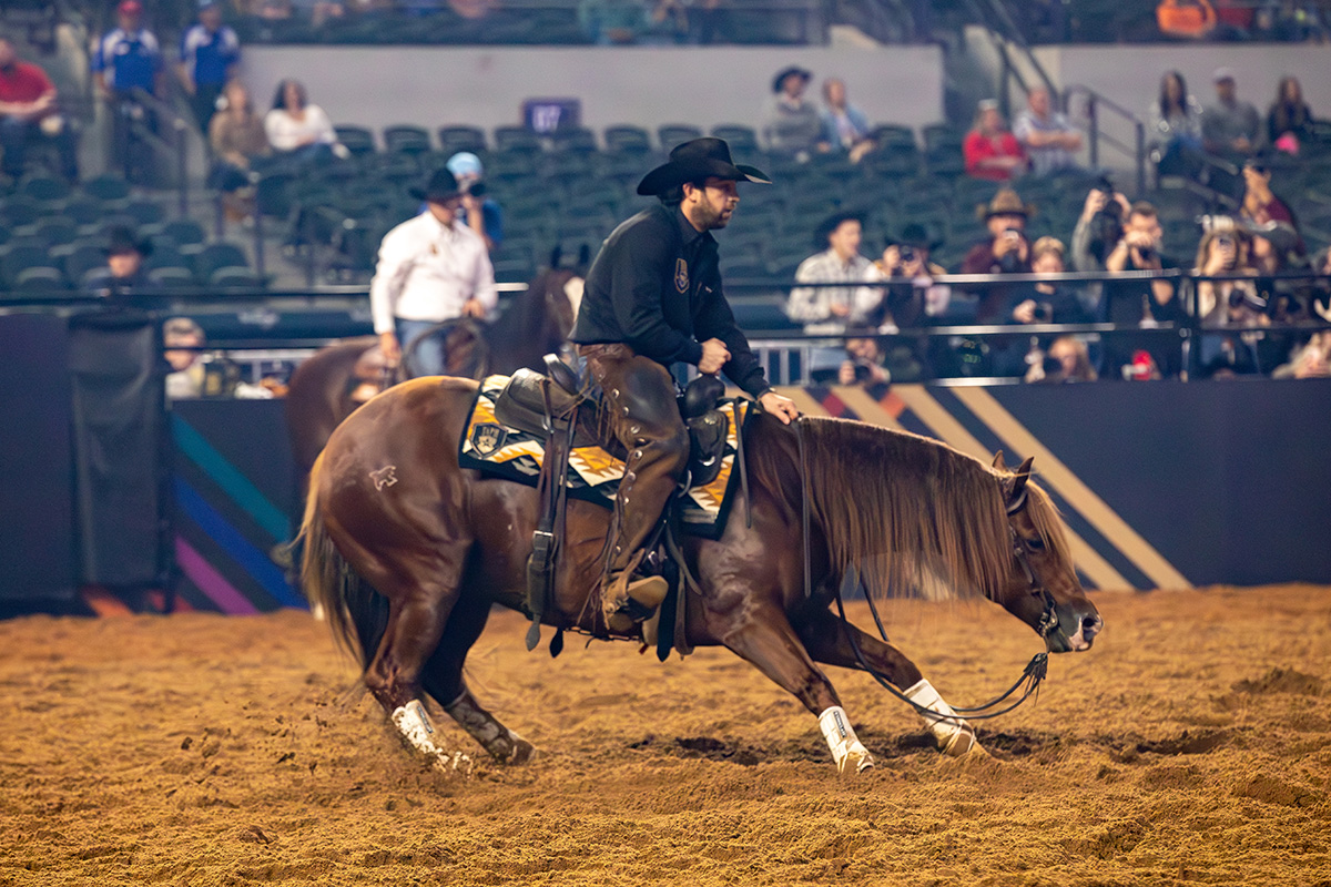 Adan Banuelos on cutting horse Storyteler at the 2024 American Performance Horseman